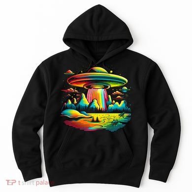 UFO Alien Retro Bright Mountain Lake Camping Visitor Hoodie