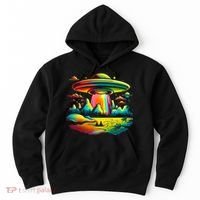 UFO Alien Retro Bright Mountain Lake Camping Visitor Hoodie thumb 0