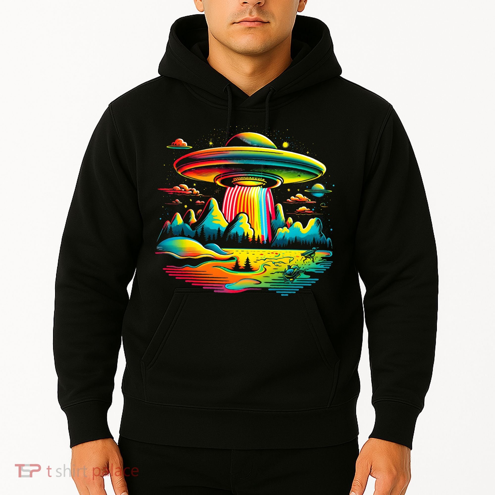 UFO Alien Retro Bright Mountain Lake Camping Visitor Hoodie