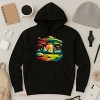 UFO Alien Retro Bright Mountain Lake Camping Visitor Hoodie thumb 3