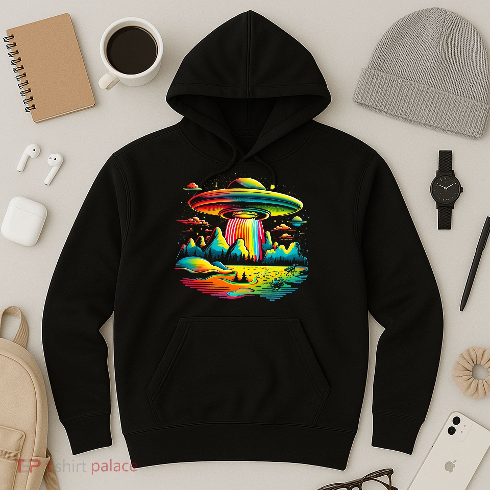 UFO Alien Retro Bright Mountain Lake Camping Visitor Hoodie