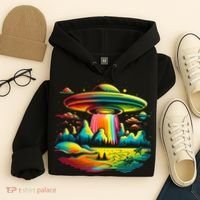 UFO Alien Retro Bright Mountain Lake Camping Visitor Hoodie thumb 4