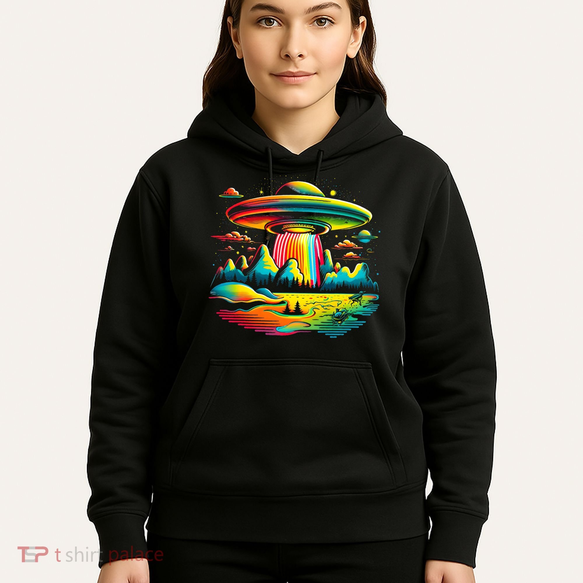 UFO Alien Retro Bright Mountain Lake Camping Visitor Hoodie