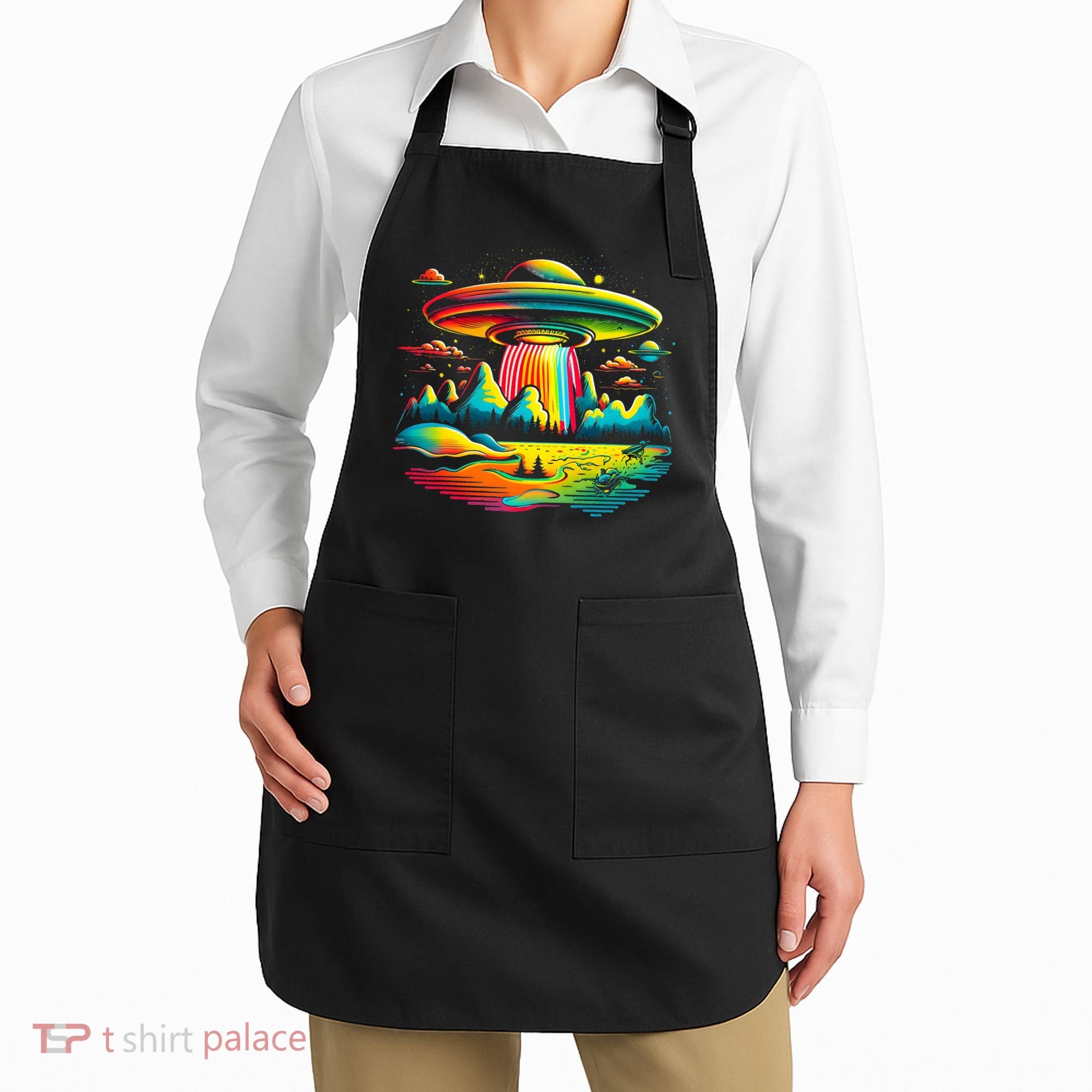 UFO Alien Retro Bright Mountain Lake Camping Visitor Apron