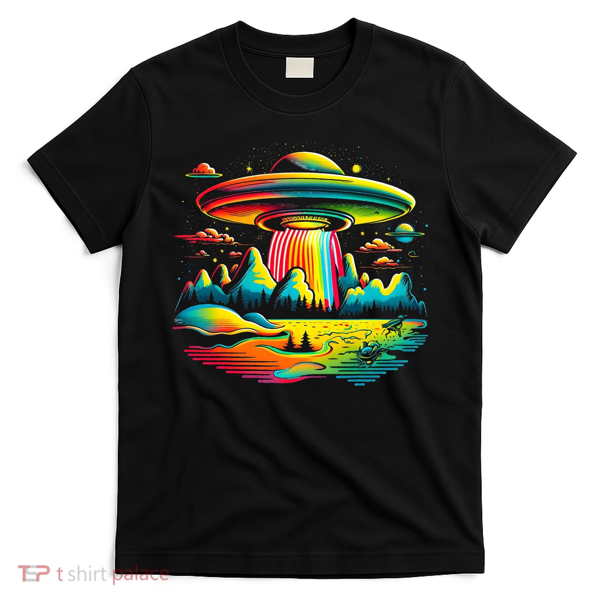 UFO Alien Retro Bright Mountain Lake Camping Visitor T-Shirt