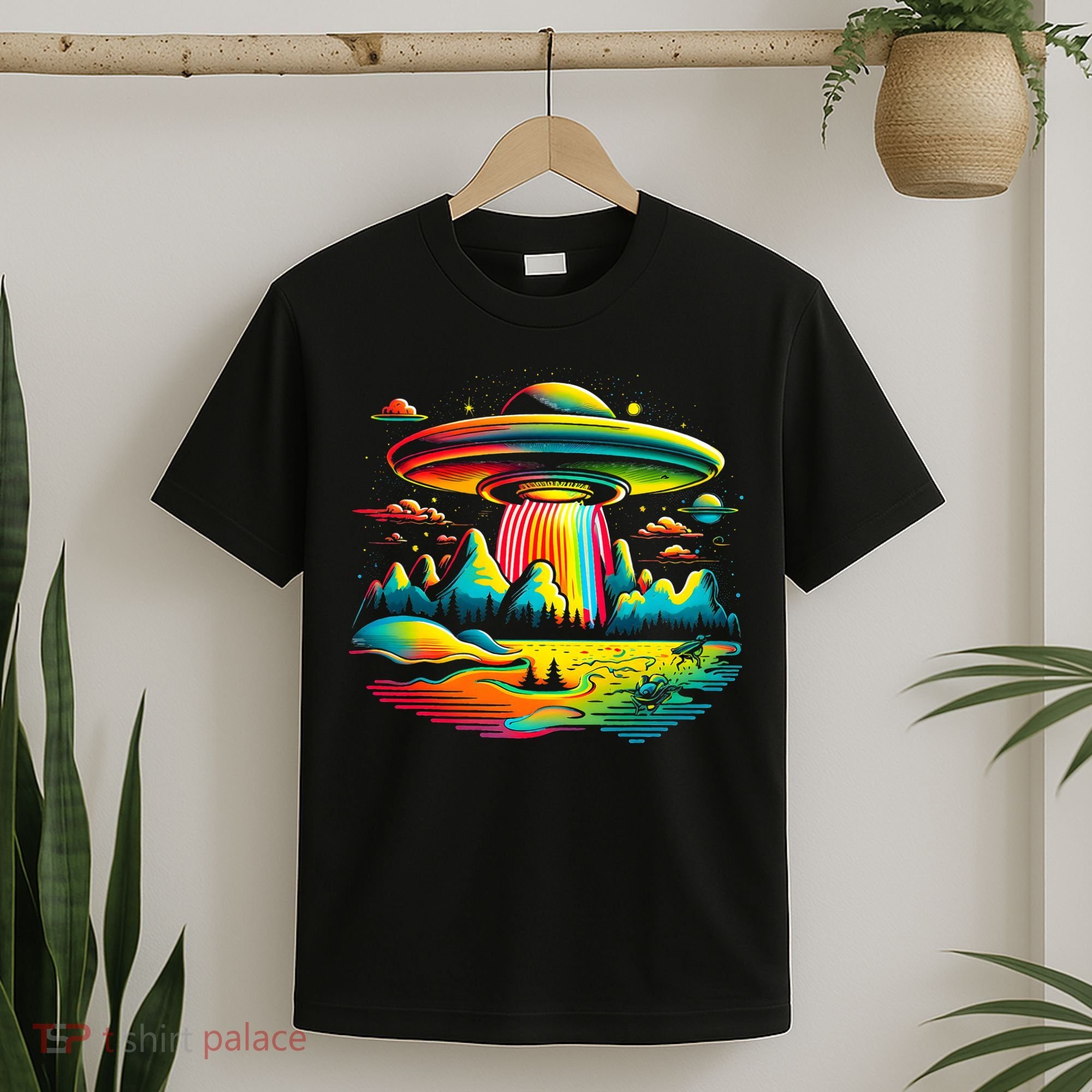 UFO Alien Retro Bright Mountain Lake Camping Visitor T-Shirt