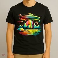 UFO Alien Retro Bright Mountain Lake Camping Visitor T-Shirt thumb 3