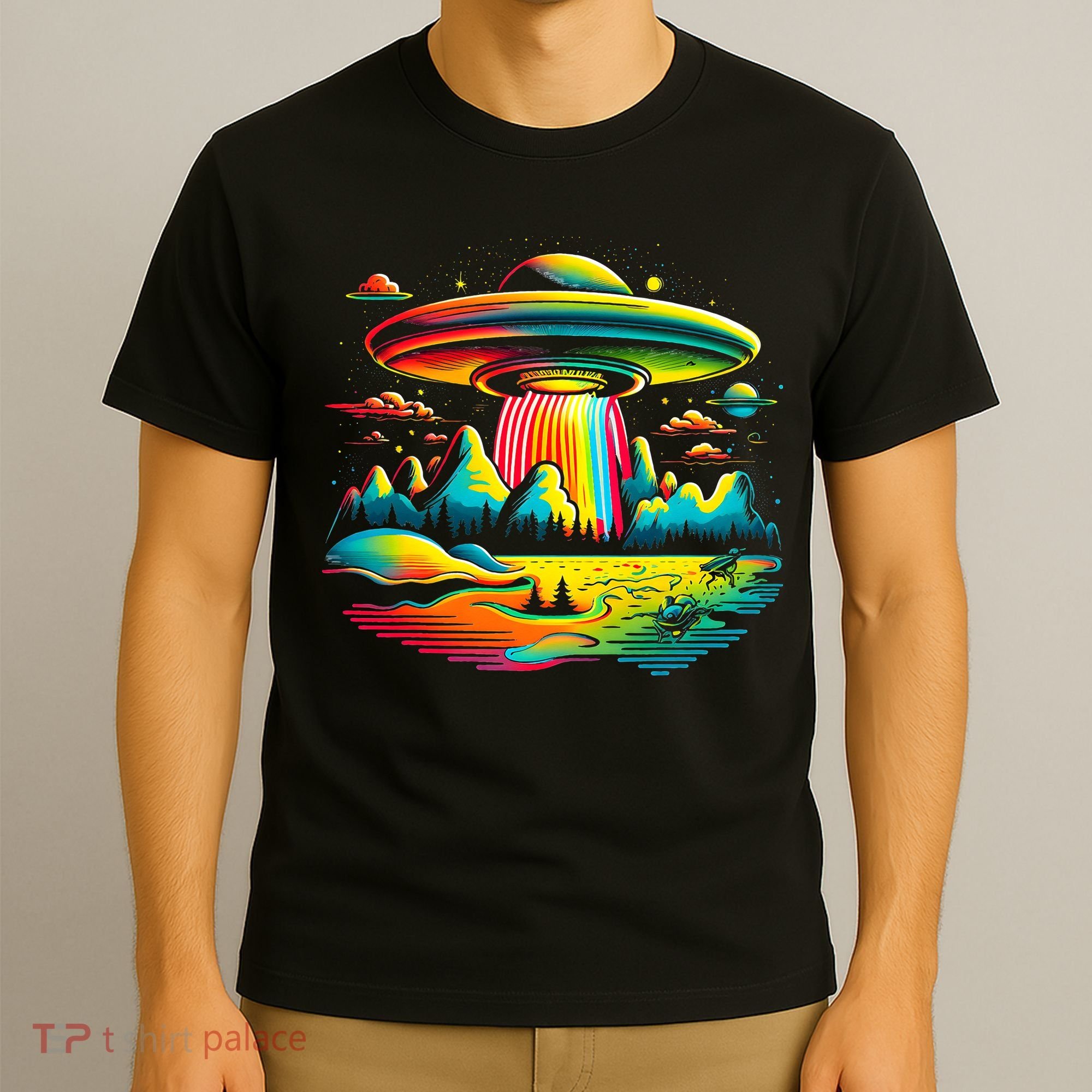 UFO Alien Retro Bright Mountain Lake Camping Visitor T-Shirt