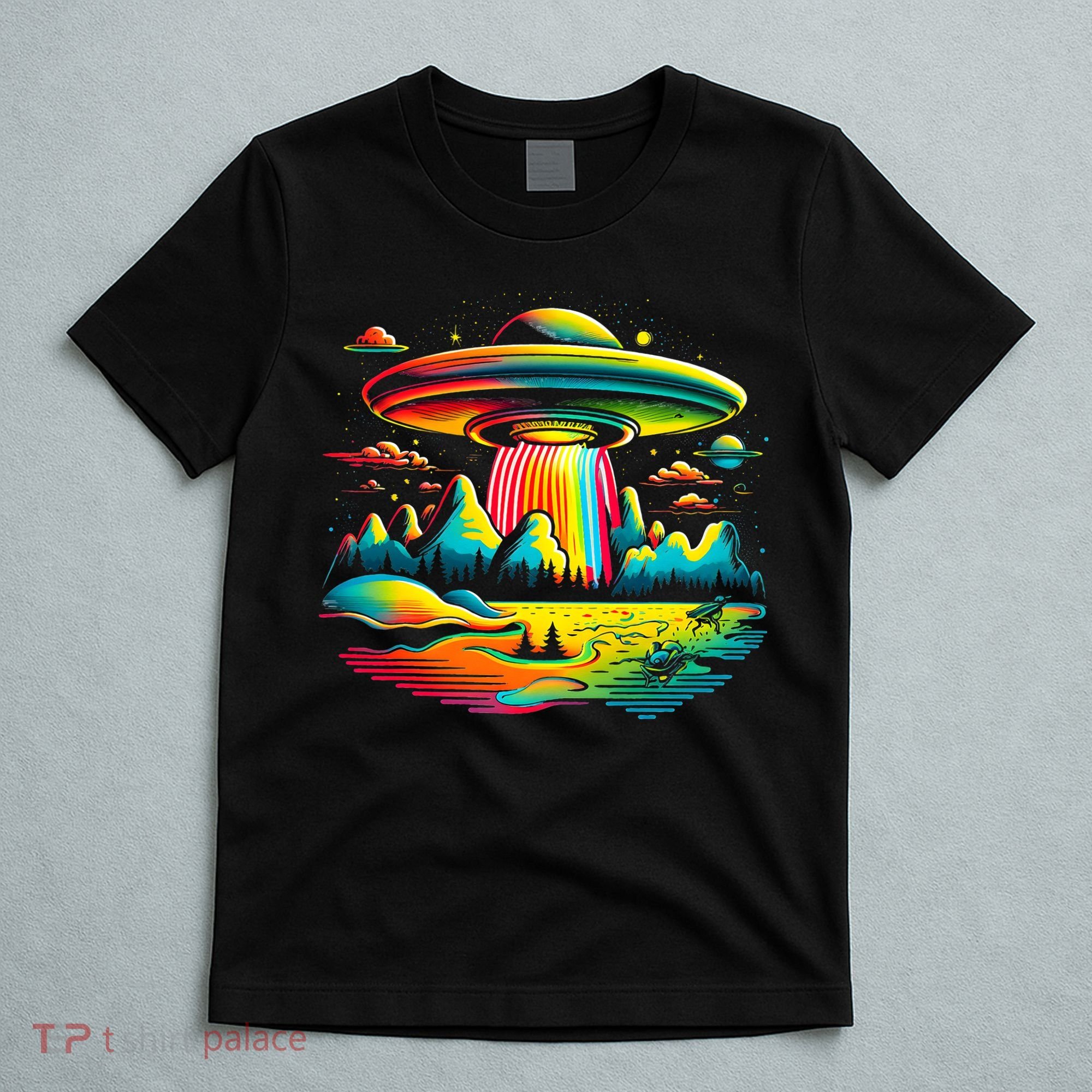 UFO Alien Retro Bright Mountain Lake Camping Visitor T-Shirt