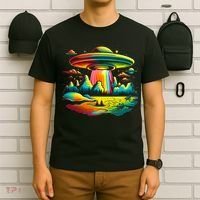 UFO Alien Retro Bright Mountain Lake Camping Visitor T-Shirt thumb 6