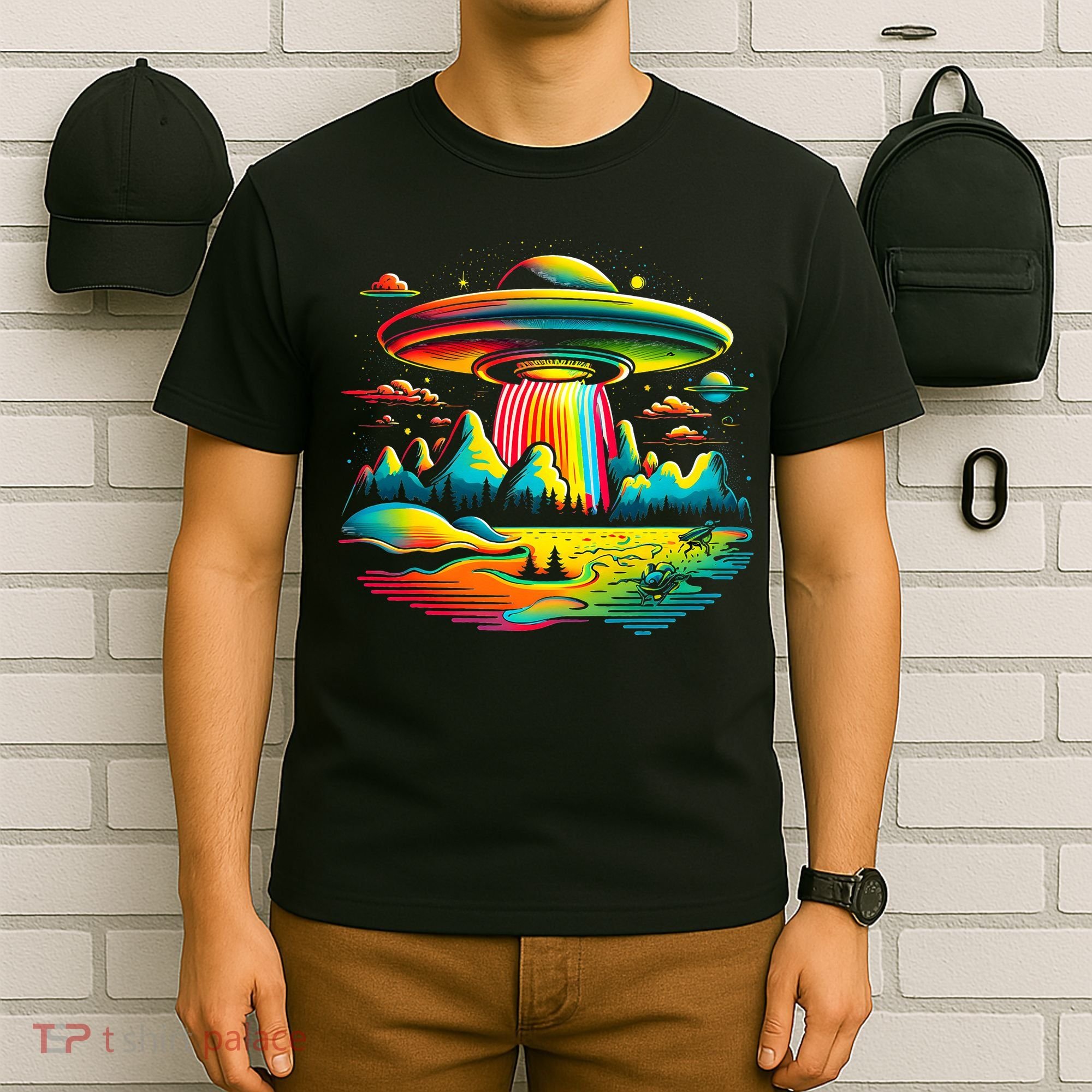 UFO Alien Retro Bright Mountain Lake Camping Visitor T-Shirt