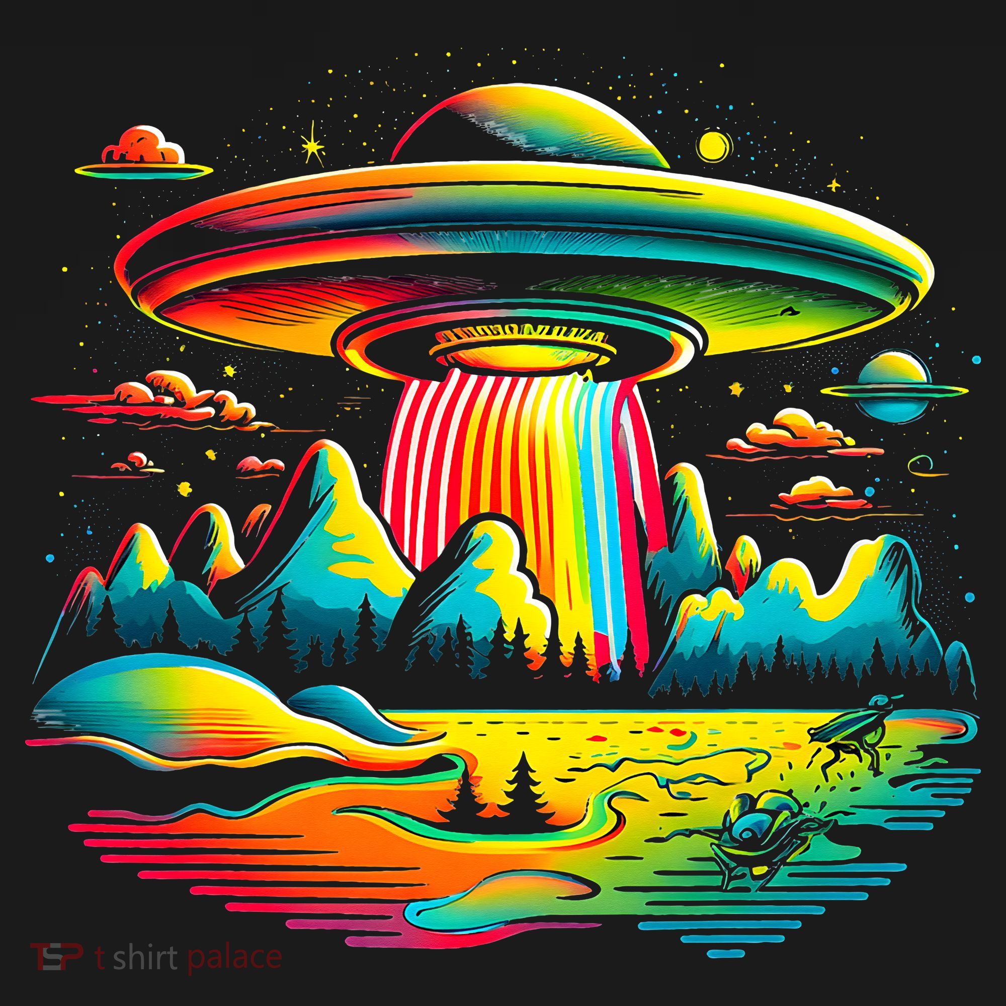 UFO Alien Retro Bright Mountain Lake Camping Visitor Coaster