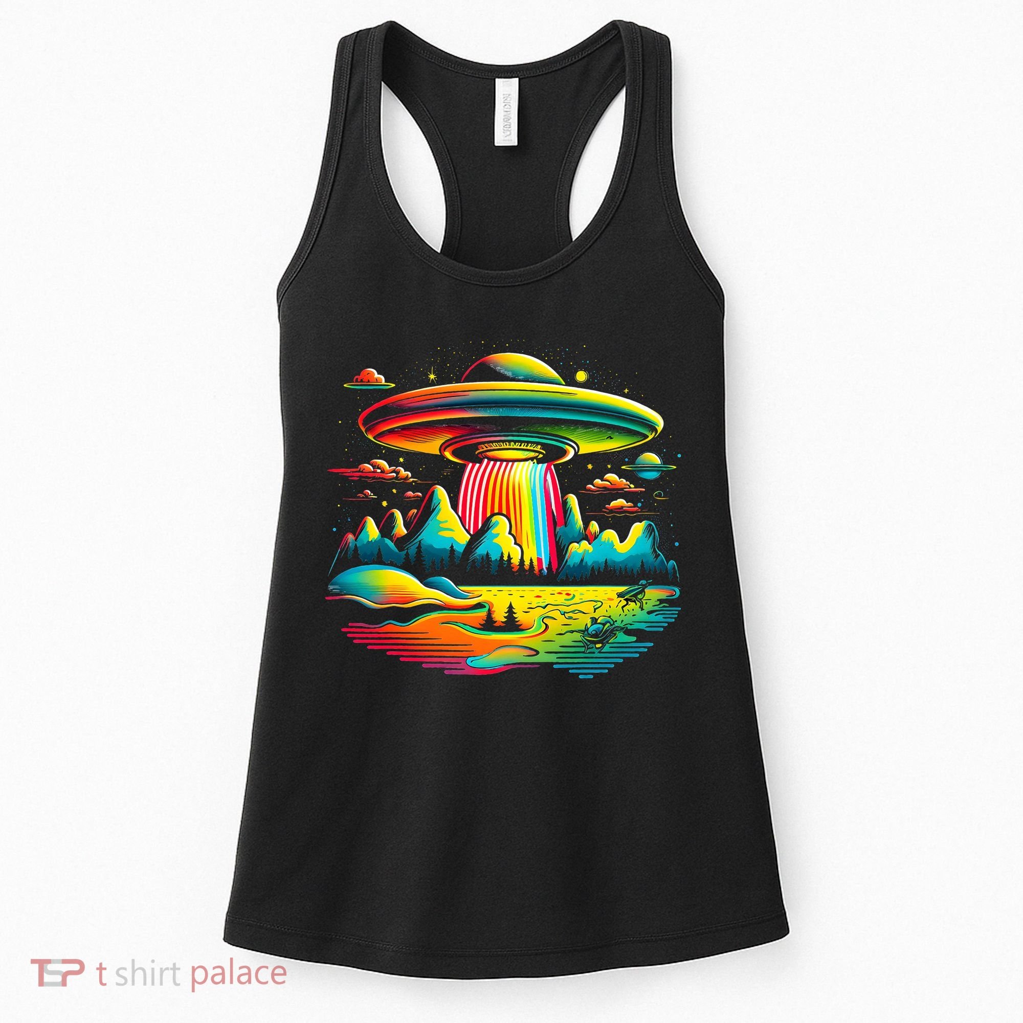 UFO Alien Retro Bright Mountain Lake Camping Visitor Women's Tank Top