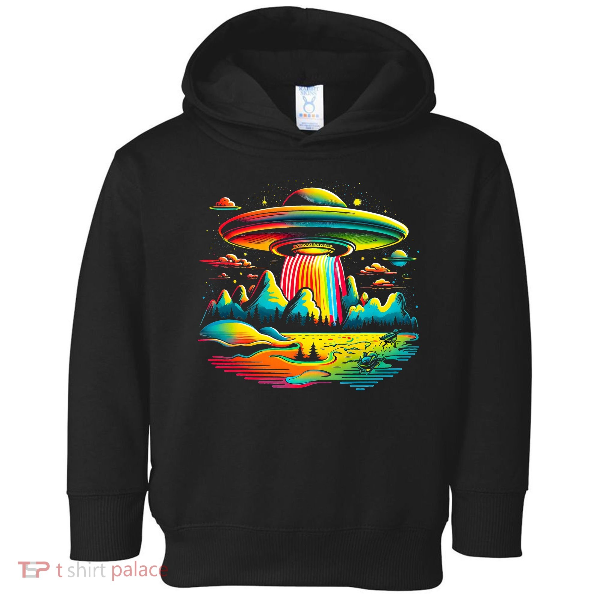 UFO Alien Retro Bright Mountain Lake Camping Visitor Toddler Hoodie