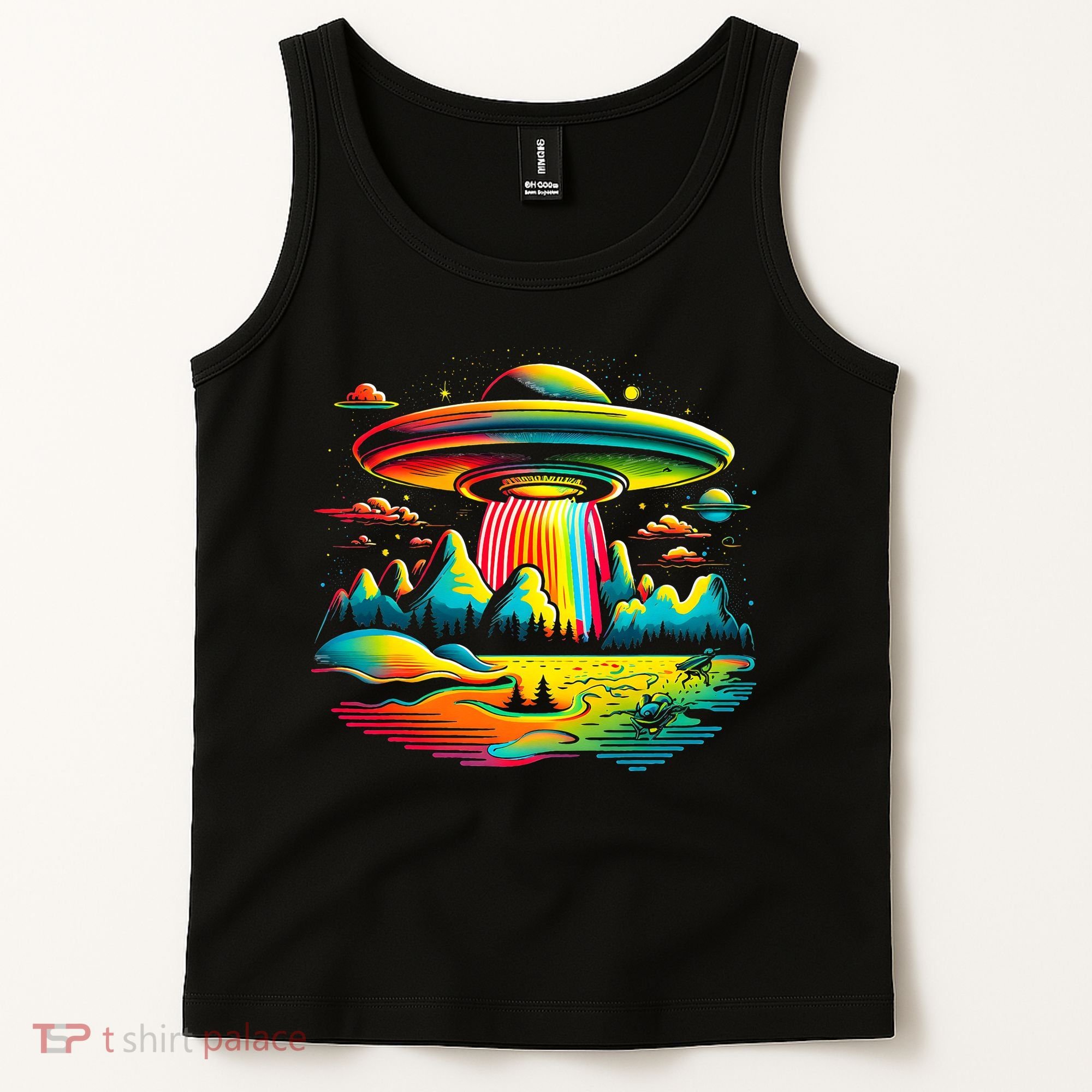 UFO Alien Retro Bright Mountain Lake Camping Visitor Tank Top