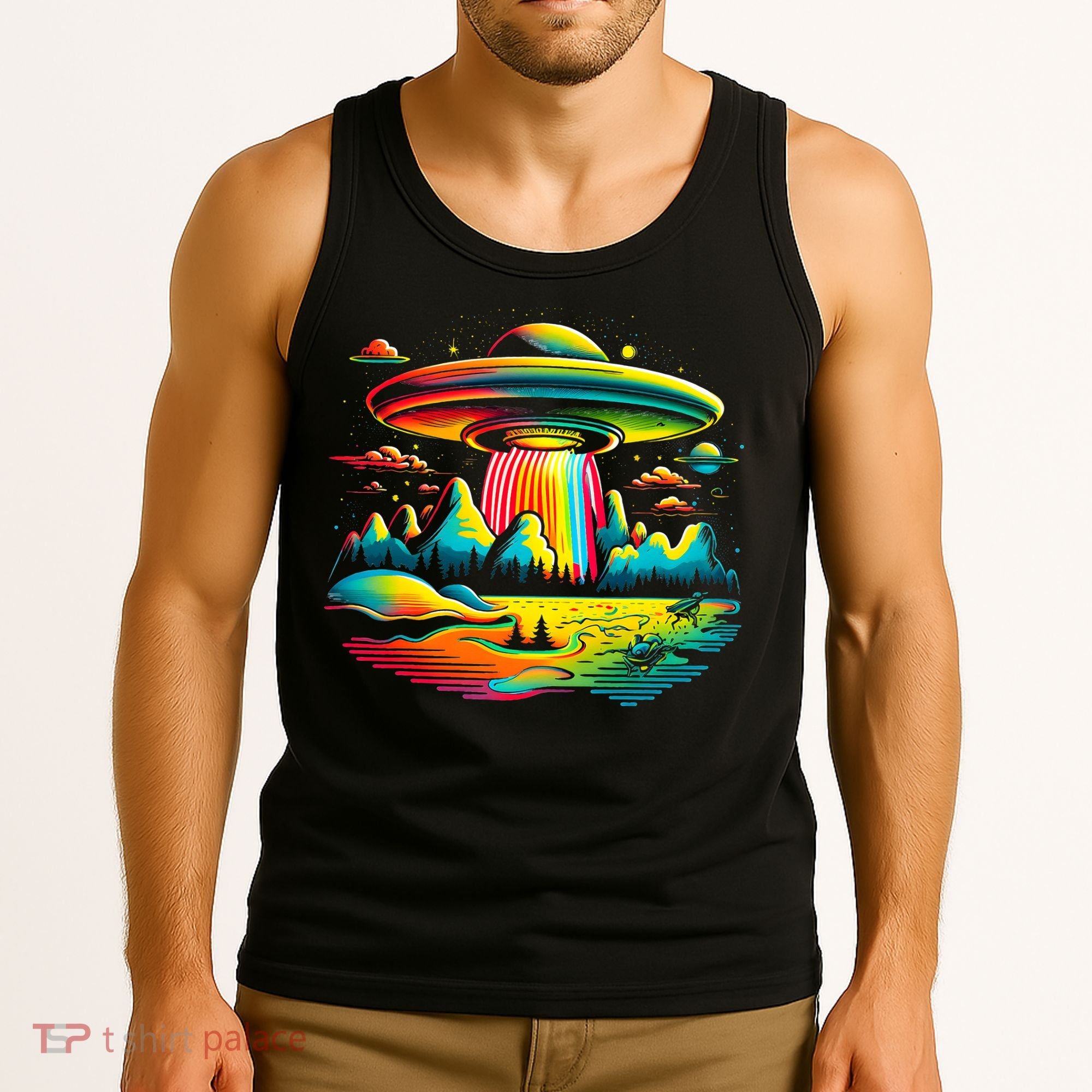 UFO Alien Retro Bright Mountain Lake Camping Visitor Tank Top