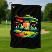 UFO Alien Retro Bright Mountain Lake Camping Visitor Golf Towel thumb 1