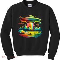 UFO Alien Retro Bright Mountain Lake Camping Visitor Kids Sweatshirt thumb 0