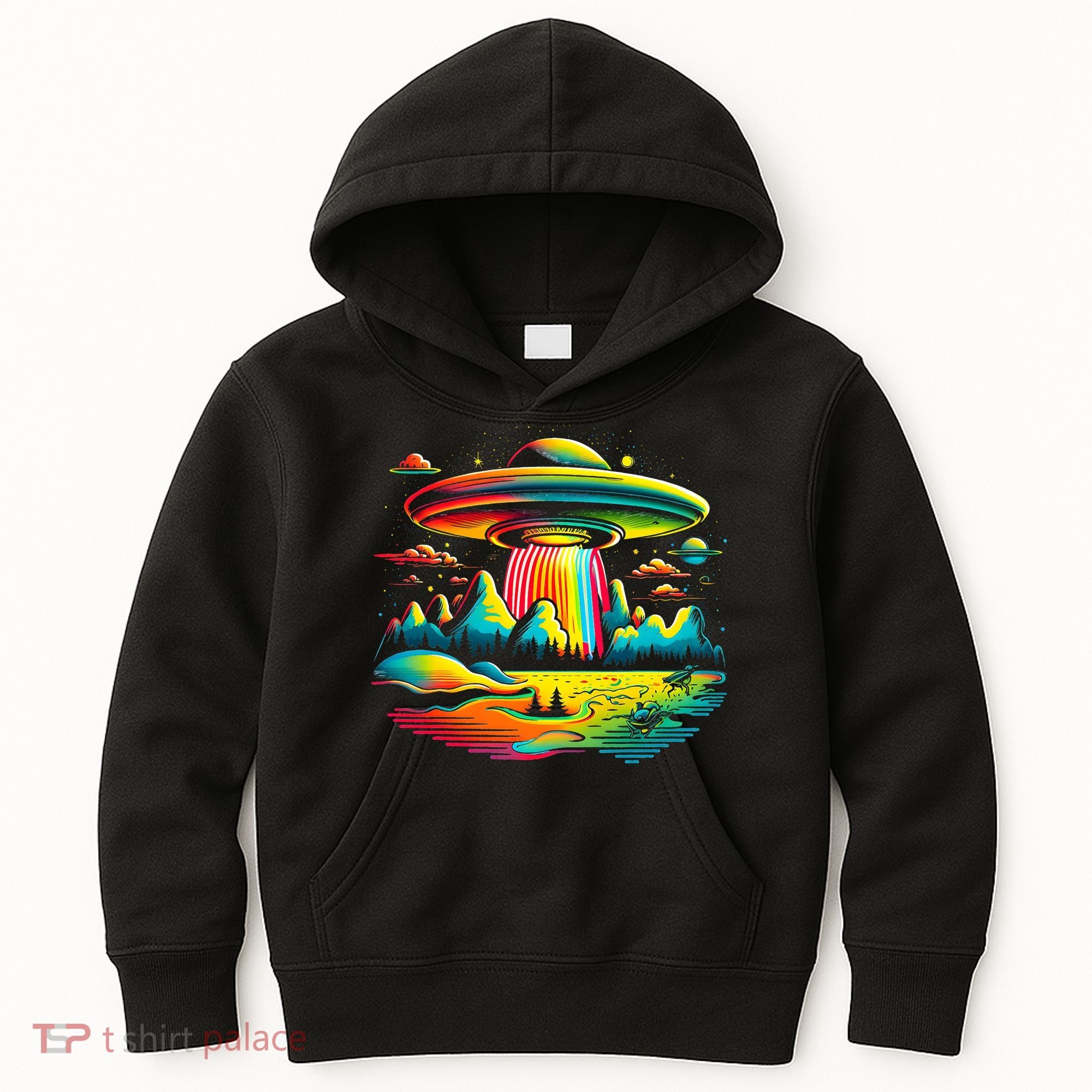 UFO Alien Retro Bright Mountain Lake Camping Visitor Kids Hoodie