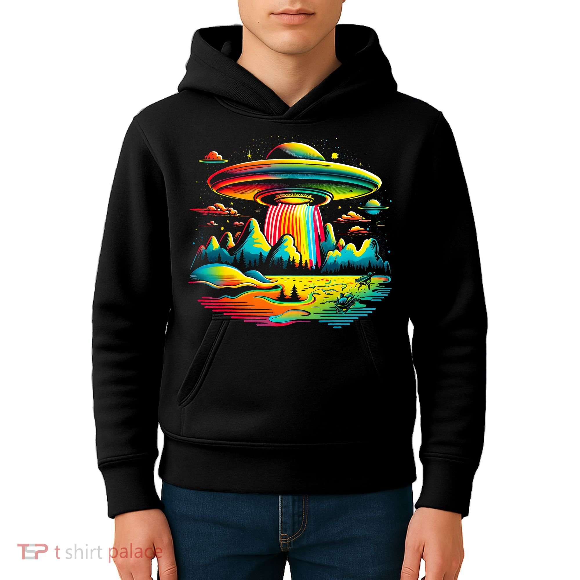 UFO Alien Retro Bright Mountain Lake Camping Visitor Kids Hoodie