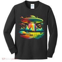 UFO Alien Retro Bright Mountain Lake Camping Visitor Kids Long Sleeve Shirt thumb 0