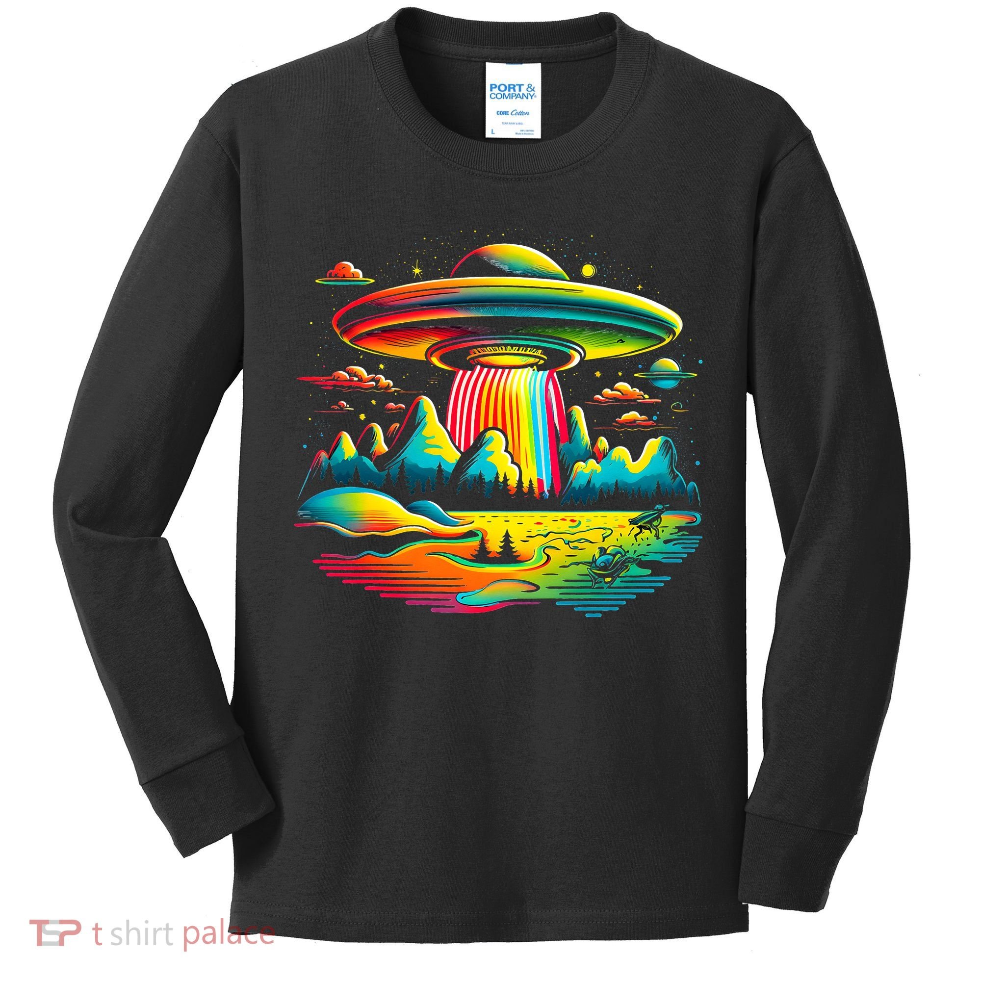 UFO Alien Retro Bright Mountain Lake Camping Visitor Kids Long Sleeve Shirt