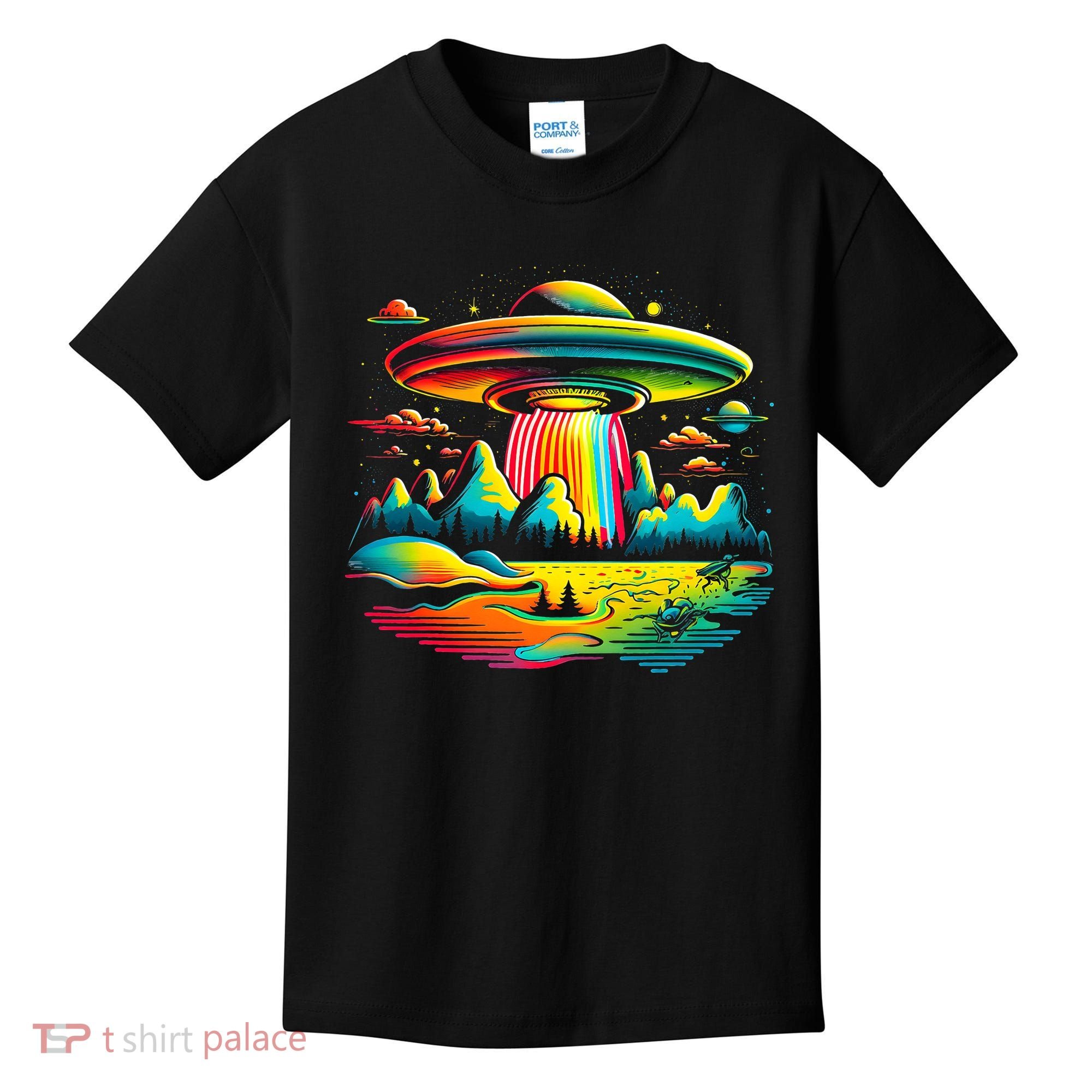 UFO Alien Retro Bright Mountain Lake Camping Visitor Kids T-Shirt