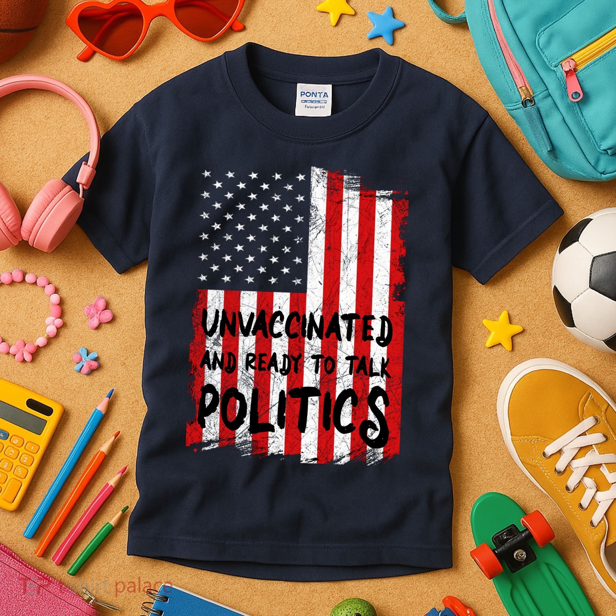 Unvaccinated And Ready To Talk Politics Funny US Flag Kids T-Shirt