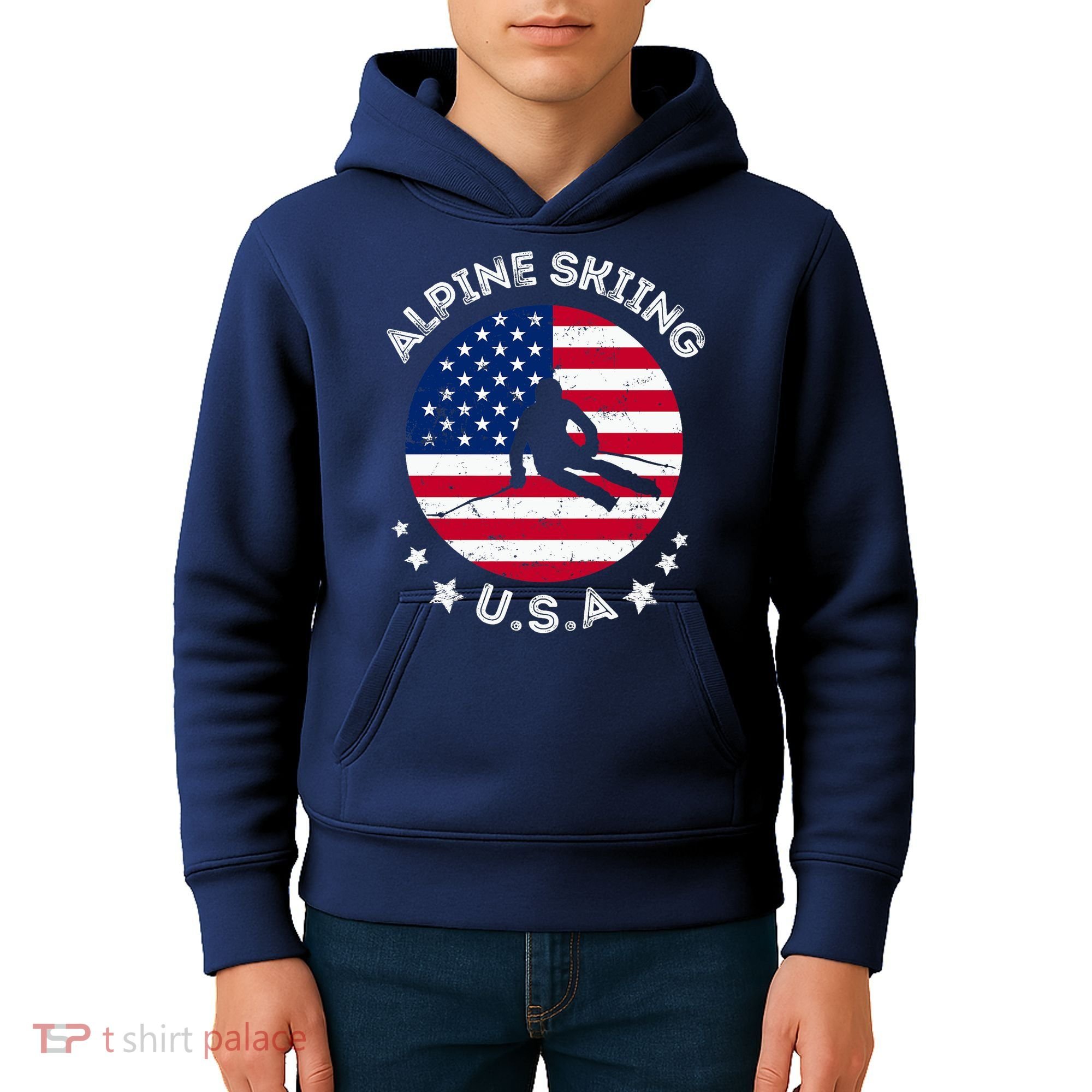 US Alpine Skiing Team Retro Support USA Downhill Skiing Team Kids Hoodie