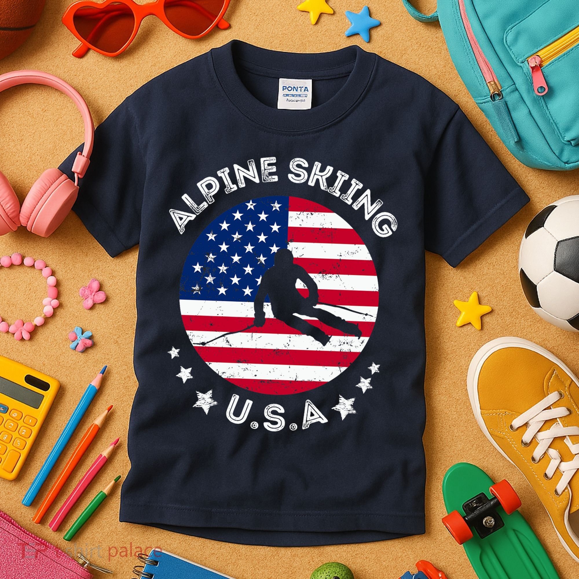 US Alpine Skiing Team Retro Support USA Downhill Skiing Team Kids T-Shirt