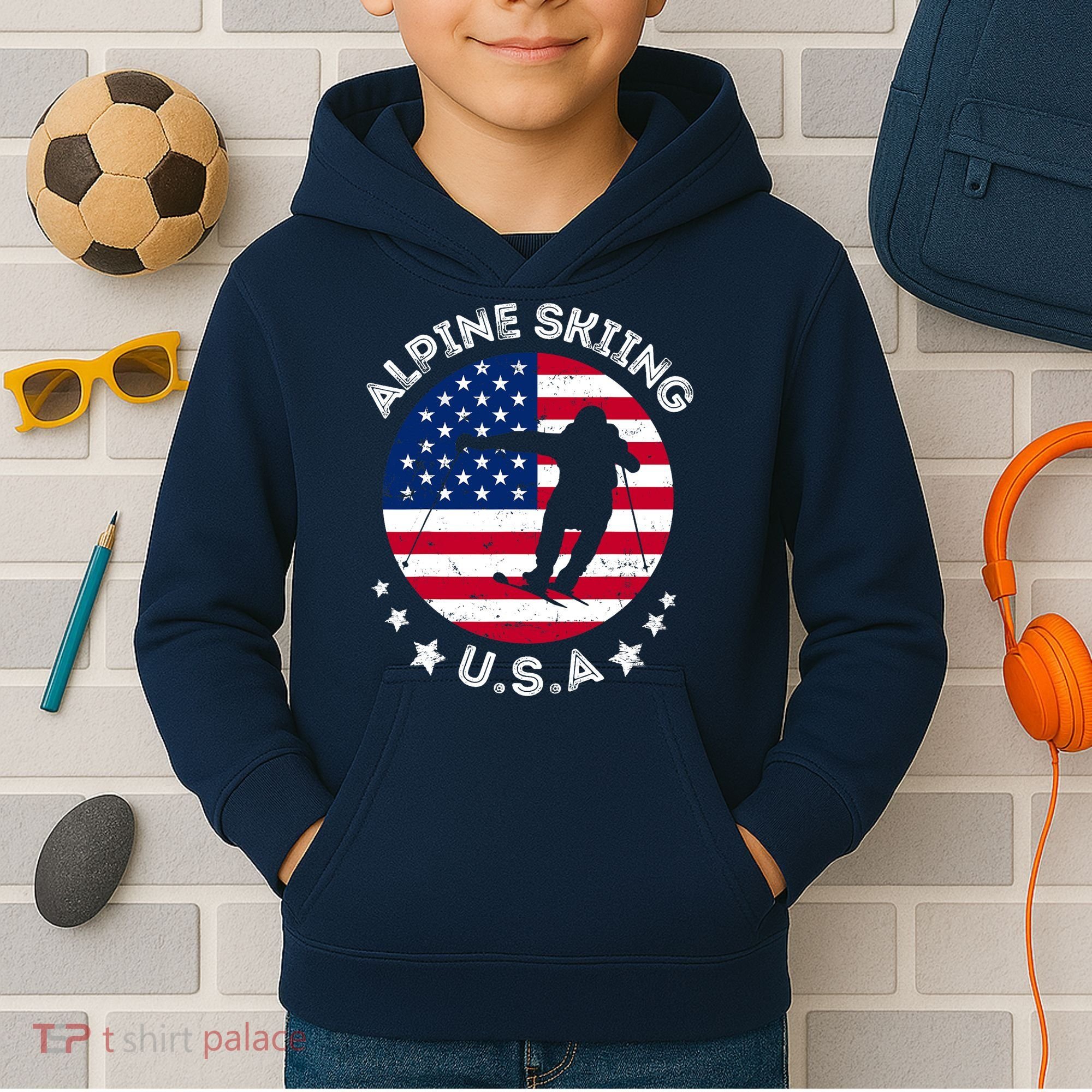 USA Alpine Skiing Team Retro Support USA Downhill Skiing Kids Hoodie