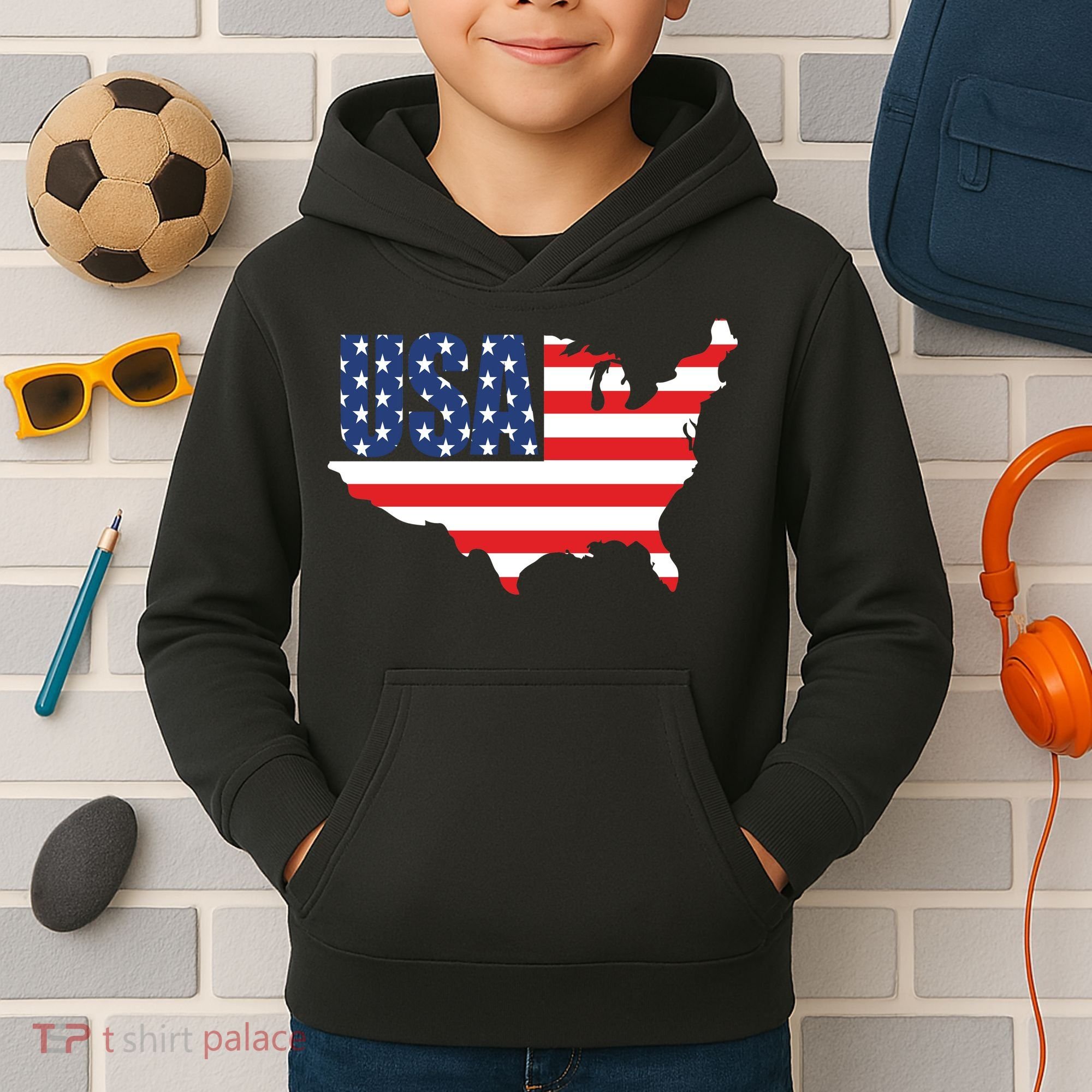 USA American US Flag Map Patriotic Kids Hoodie