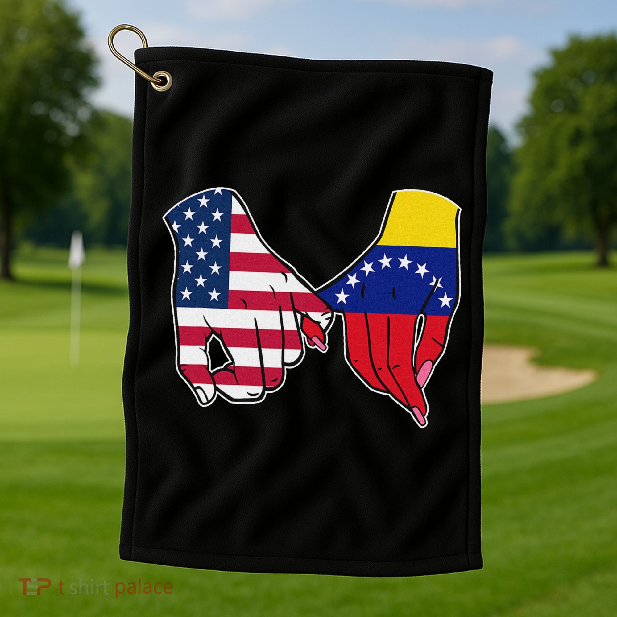 Usa And Venezuela Flags Hands Together Golf Towel