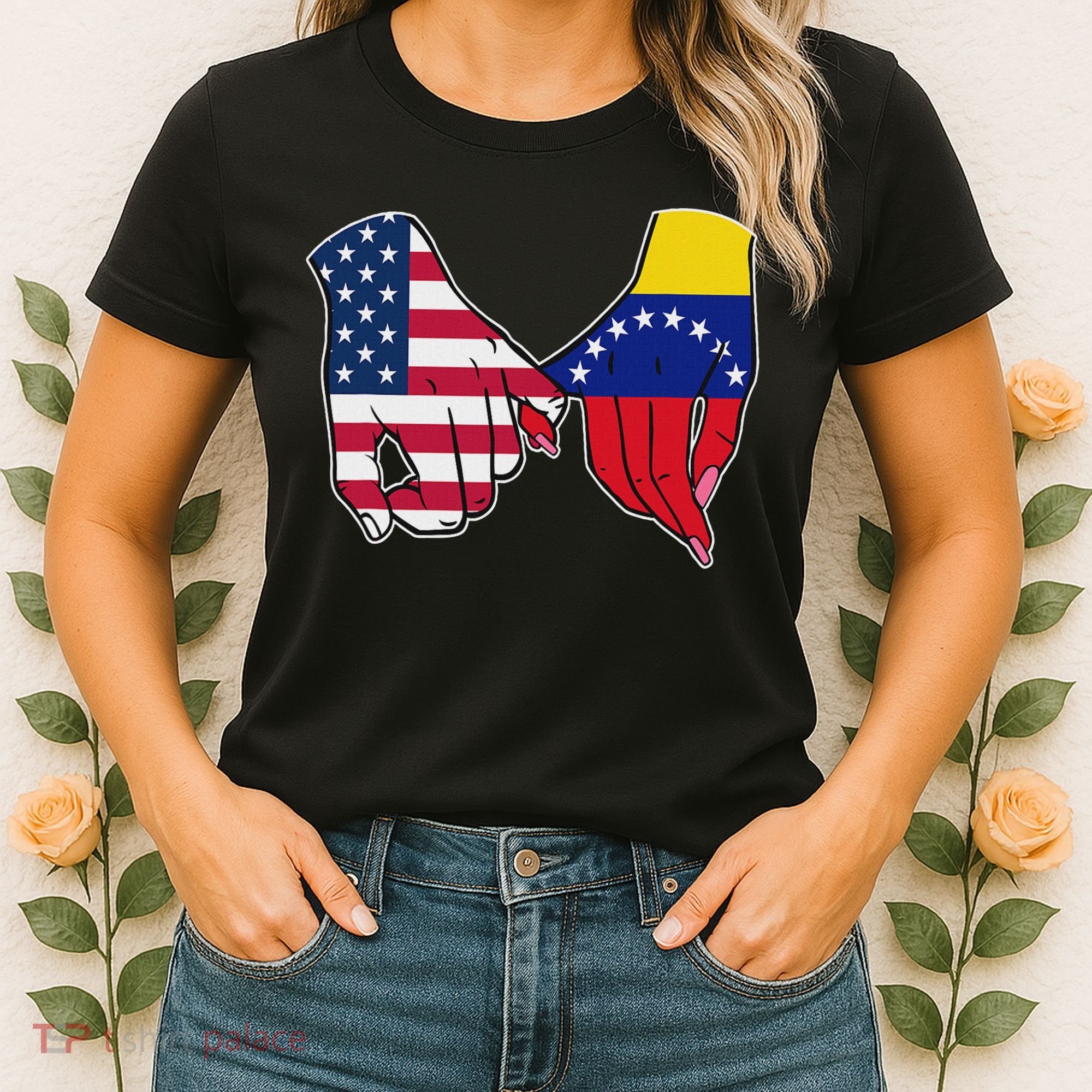 Usa And Venezuela Flags Hands Together Women's T-Shirt