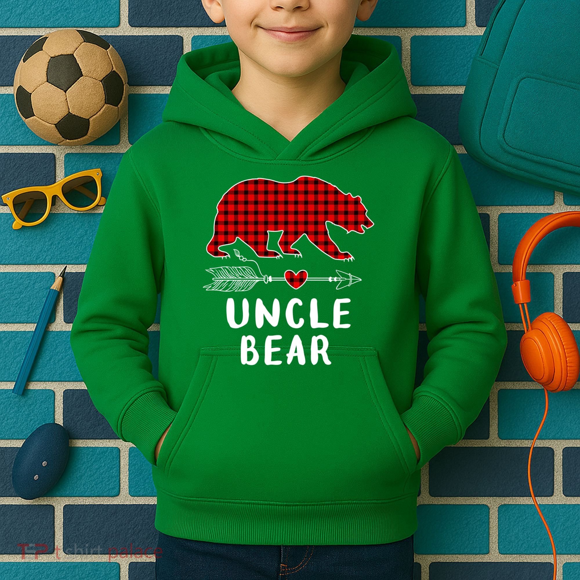 Uncle Bear Christmas Pajama Red Plaid Buffalo Xmas Kids Hoodie