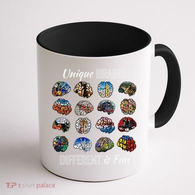 Unique Brains Different Is Fun. Neurodiversity Coffee Mug back