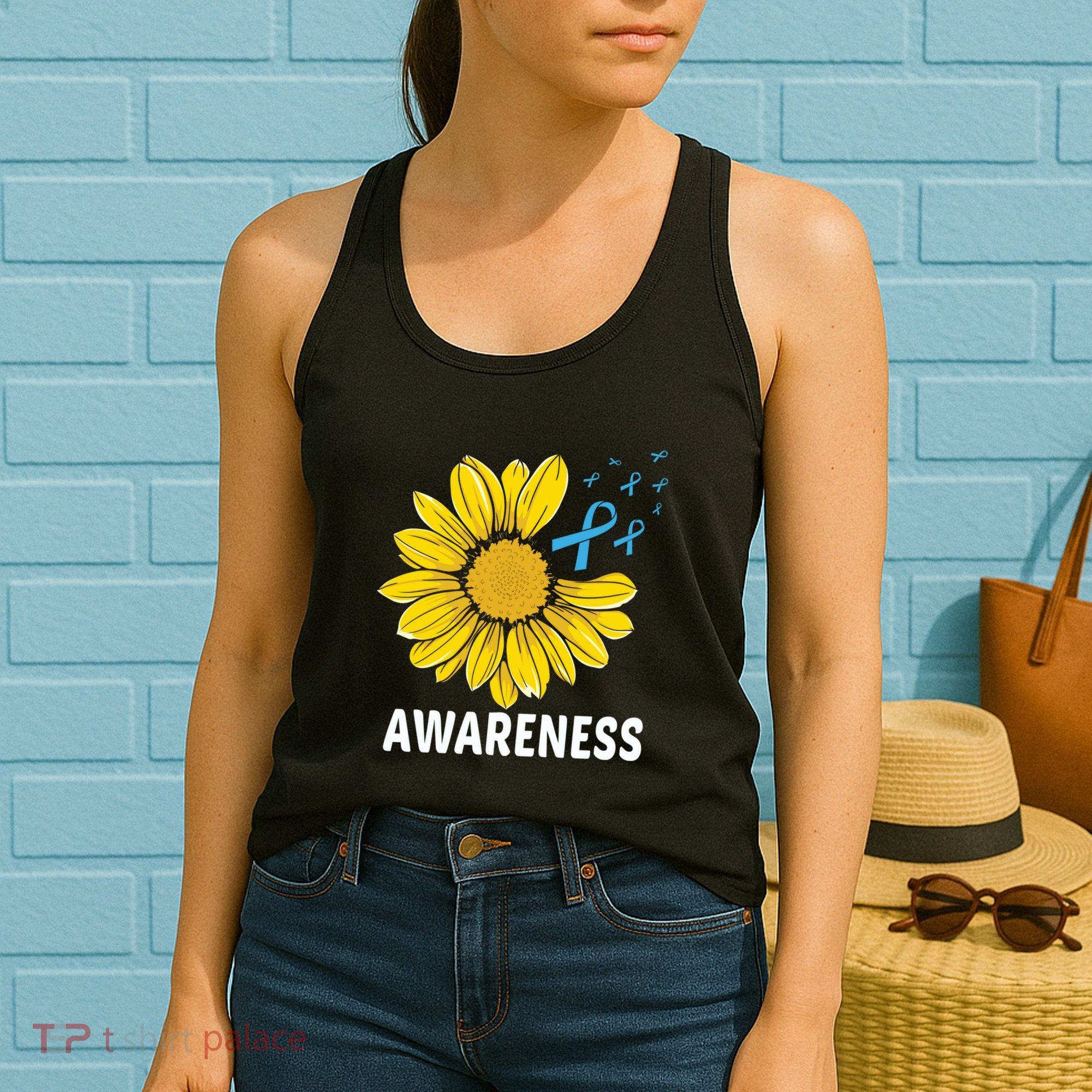 Unflower Blue Ribbon Prostate Colon Cancer Awareness Gifts Women's Tank Top
