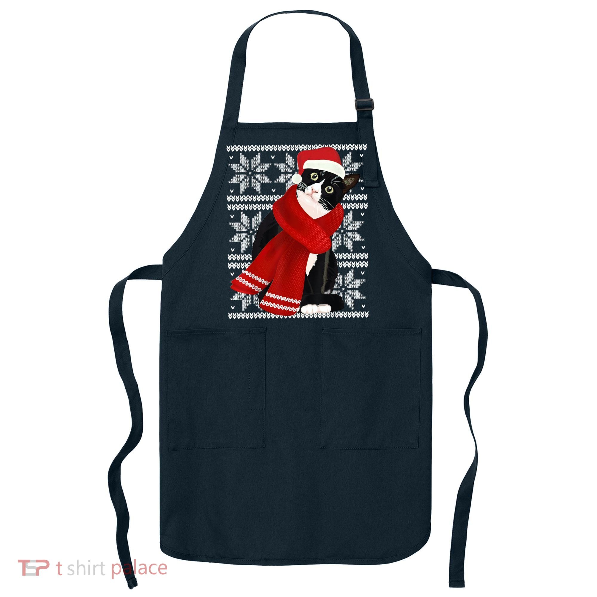 Ugly Christmas Black Cat Santa Hat Scarf Holiday Cute Apron