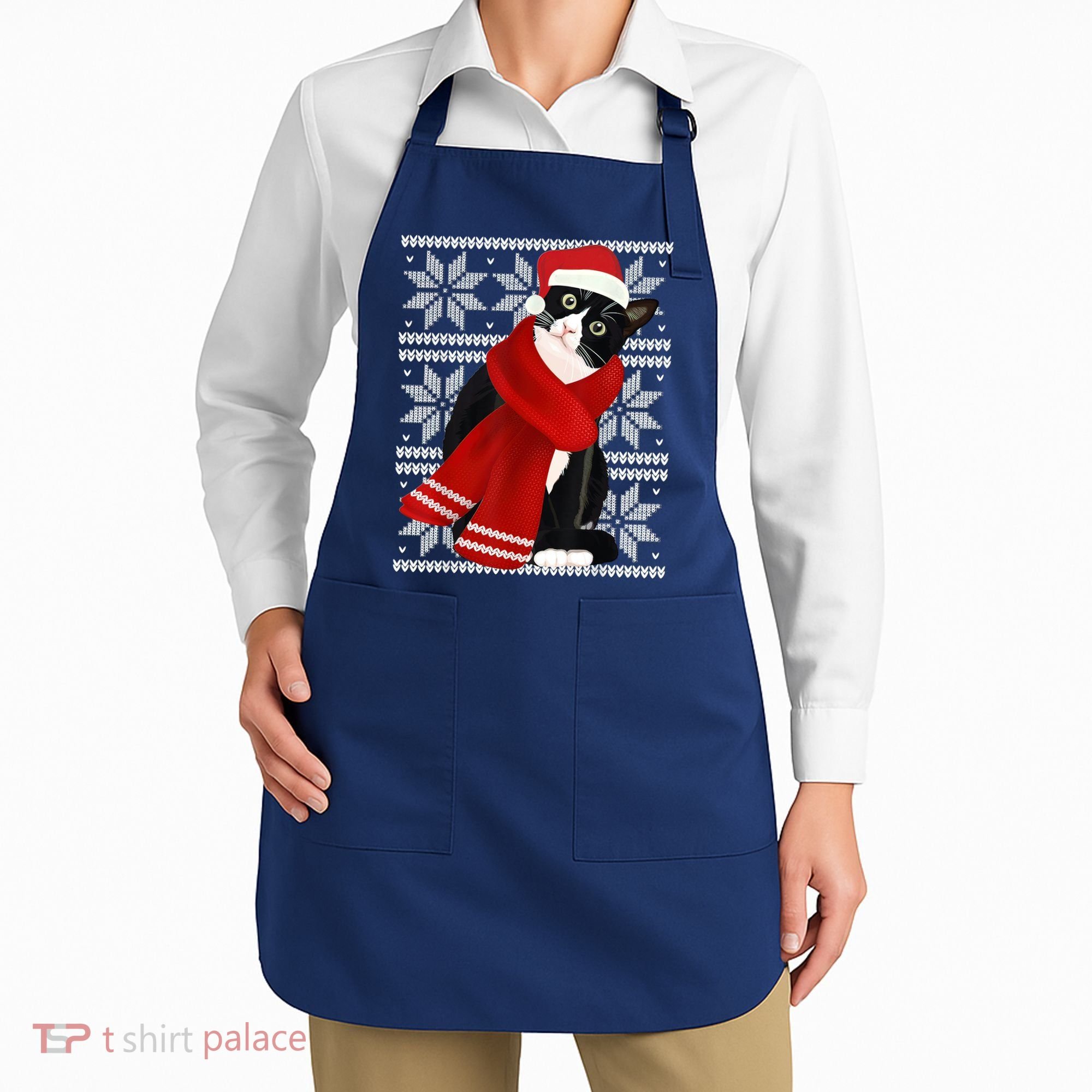 Ugly Christmas Black Cat Santa Hat Scarf Holiday Cute Apron