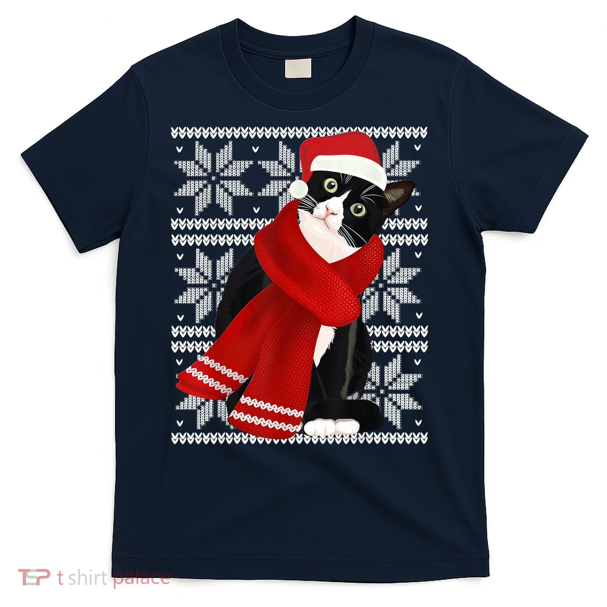 Ugly Christmas Black Cat Santa Hat Scarf Holiday Cute T-Shirt