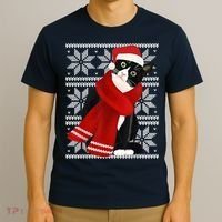 Ugly Christmas Black Cat Santa Hat Scarf Holiday Cute T-Shirt thumb 3