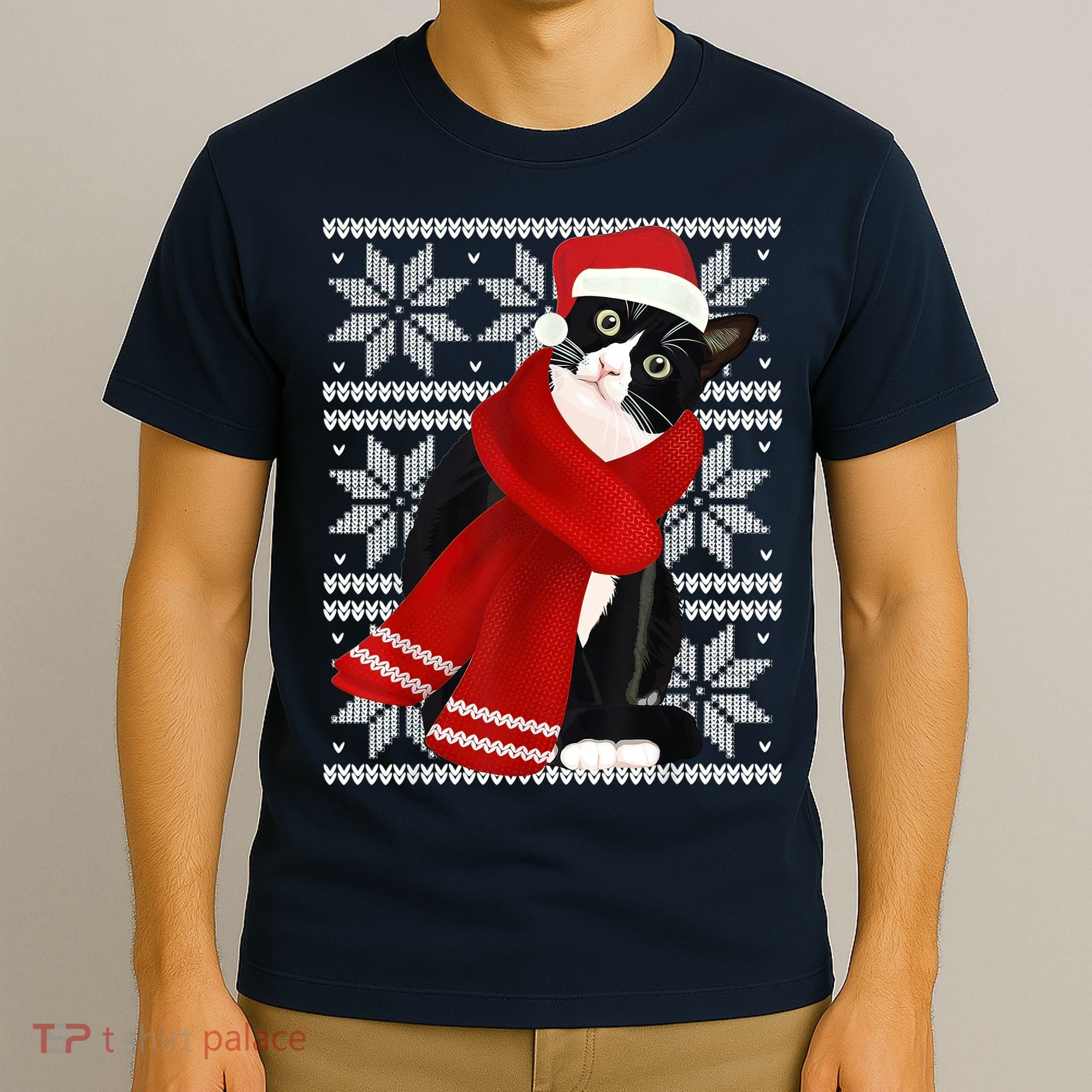Ugly Christmas Black Cat Santa Hat Scarf Holiday Cute T-Shirt