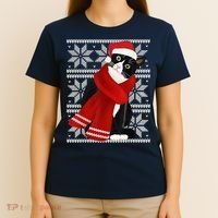 Ugly Christmas Black Cat Santa Hat Scarf Holiday Cute T-Shirt thumb 4