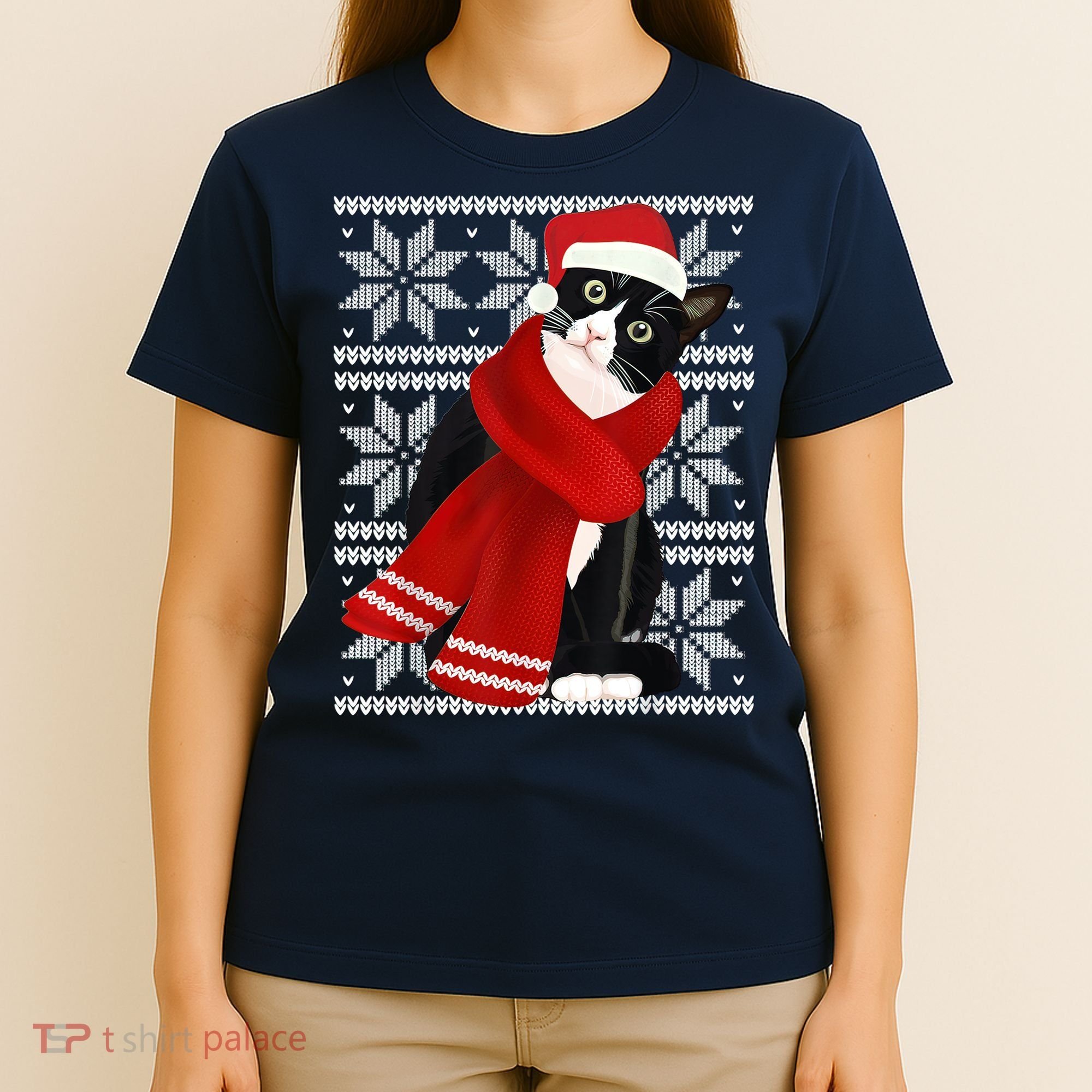 Ugly Christmas Black Cat Santa Hat Scarf Holiday Cute T-Shirt