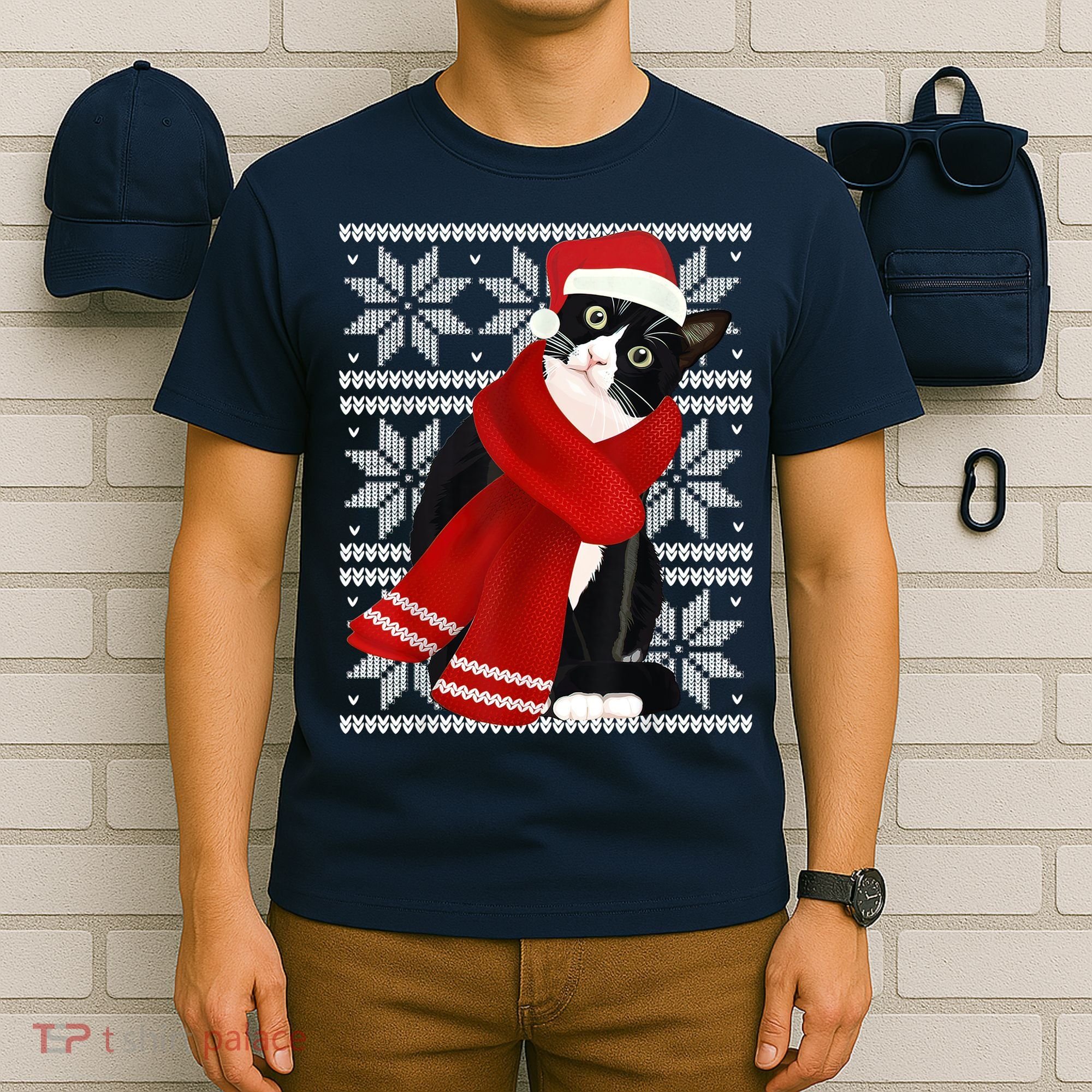 Ugly Christmas Black Cat Santa Hat Scarf Holiday Cute T-Shirt