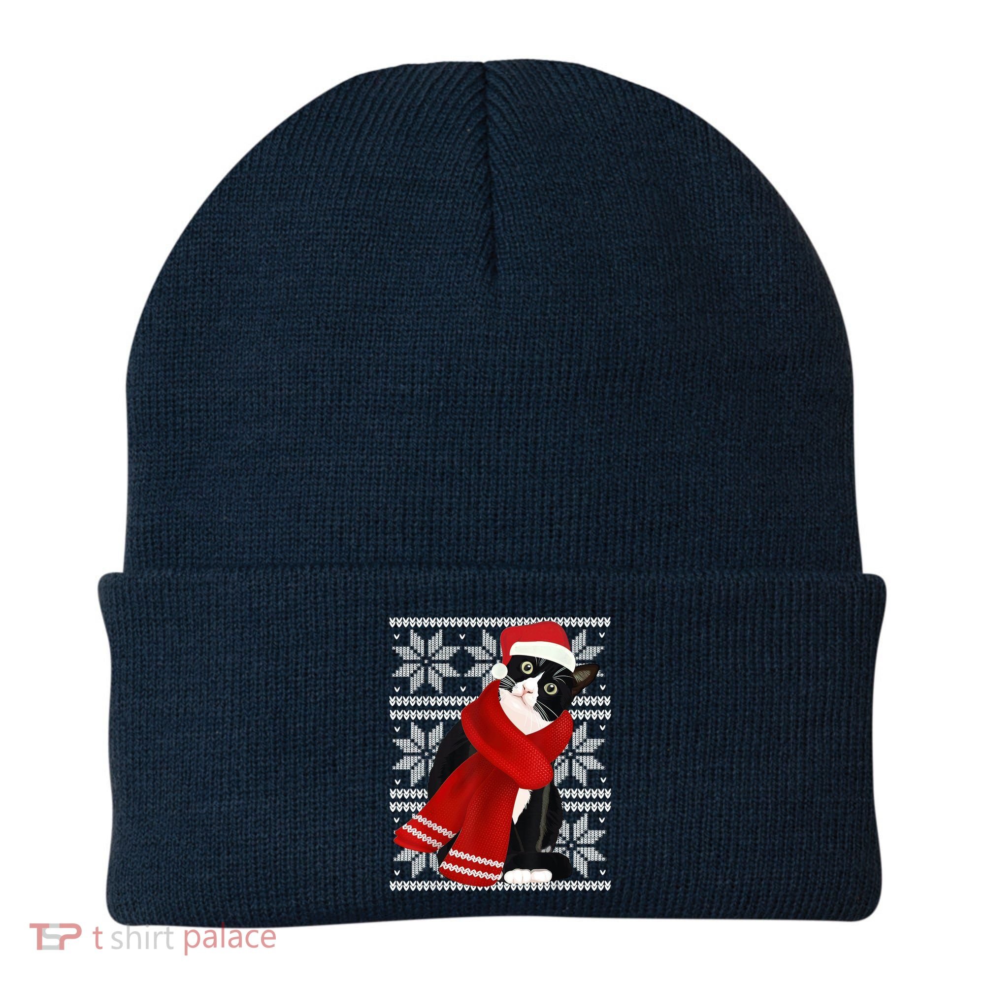 Ugly Christmas Black Cat Santa Hat Scarf Holiday Cute Beanie