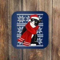 Ugly Christmas Black Cat Santa Hat Scarf Holiday Cute Coaster thumb 0