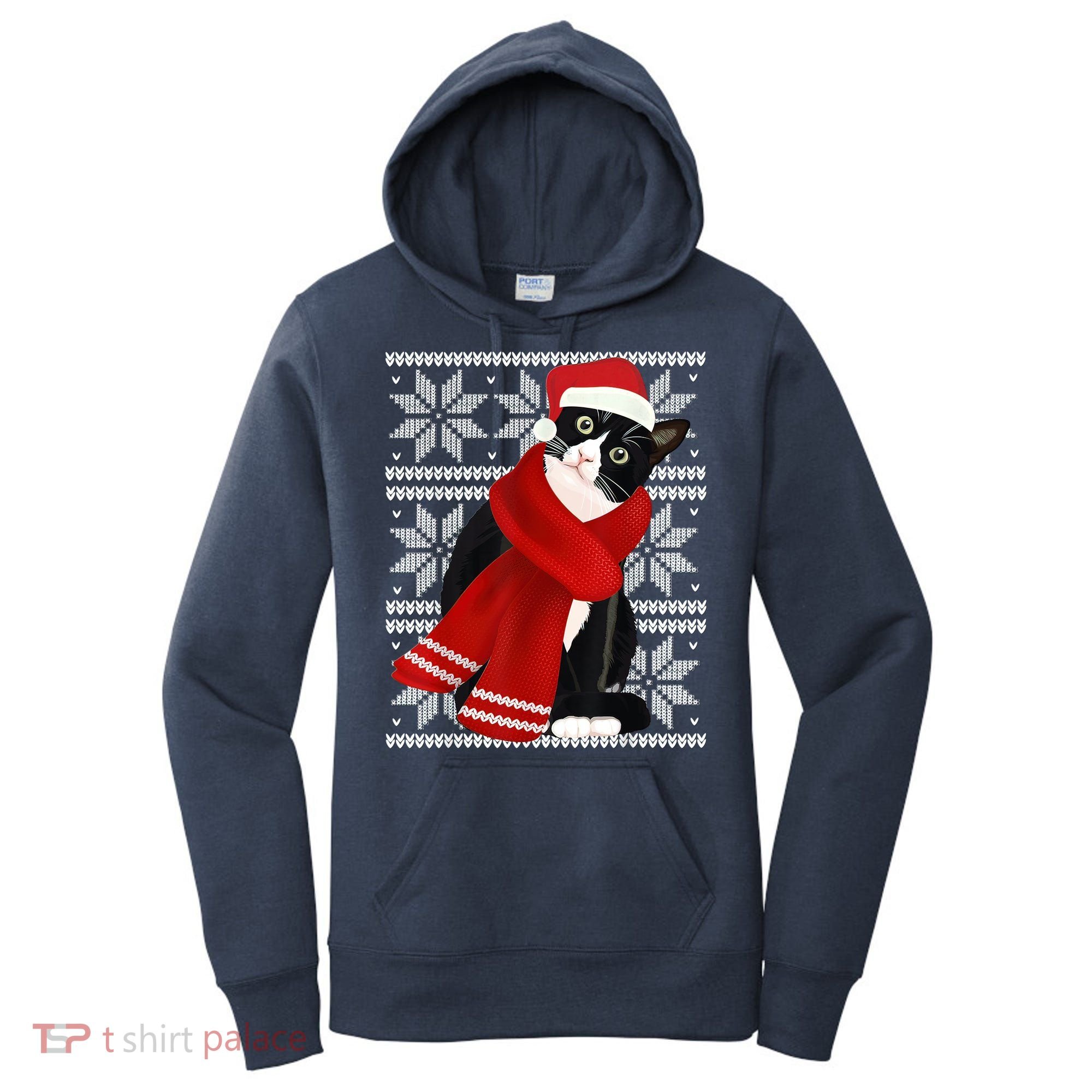 Ugly Christmas Black Cat Santa Hat Scarf Holiday Cute Women's Hoodie