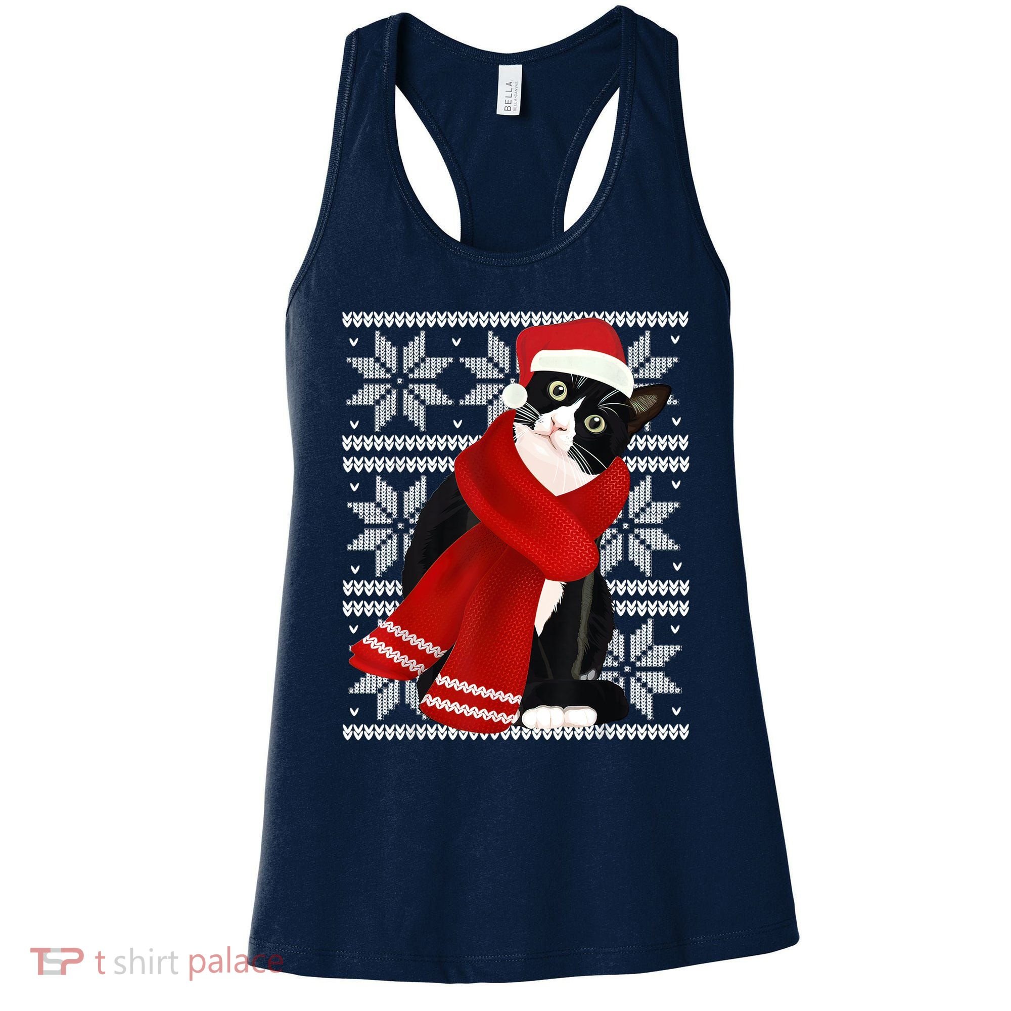 Ugly Christmas Black Cat Santa Hat Scarf Holiday Cute Women's Tank Top