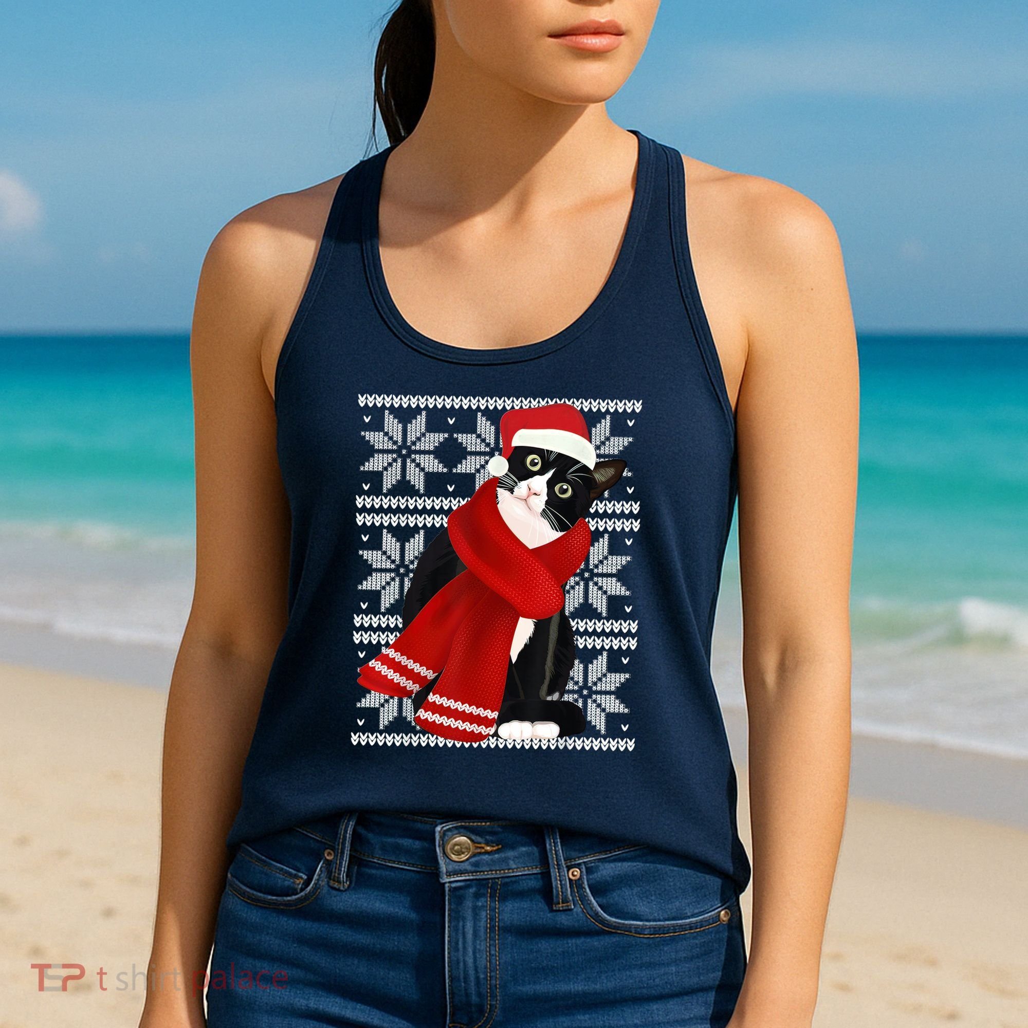 Ugly Christmas Black Cat Santa Hat Scarf Holiday Cute Women's Tank Top